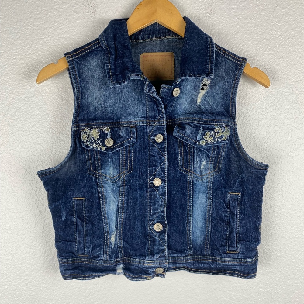 Amethyst Jeans distressed denim vest with embroidered floral details XL
